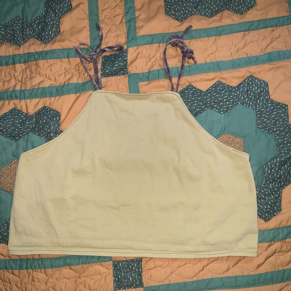 handmade tank top tie straps yellow olive plaid‎